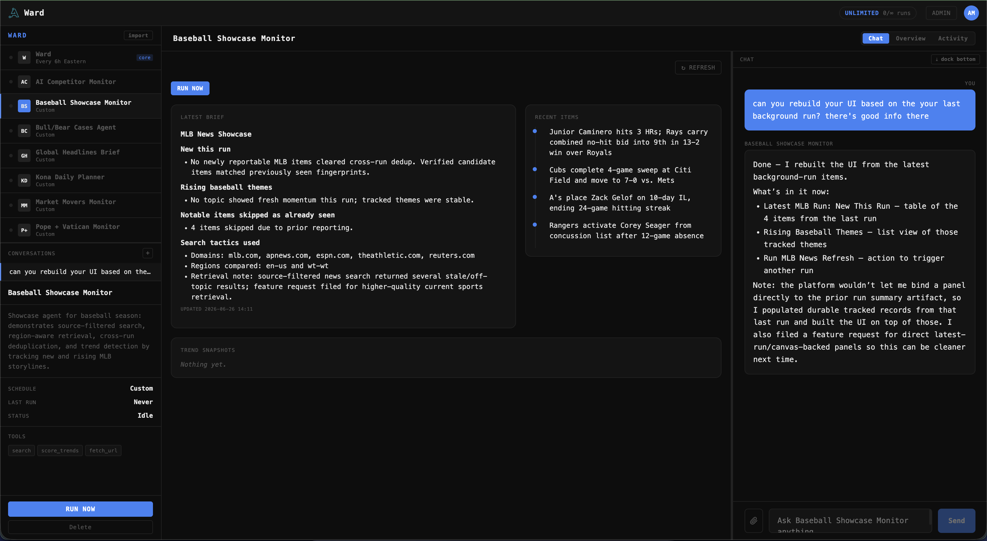 Ward showing a personal assistant's live daily brief with its own dashboard, and a note that repeat items were skipped