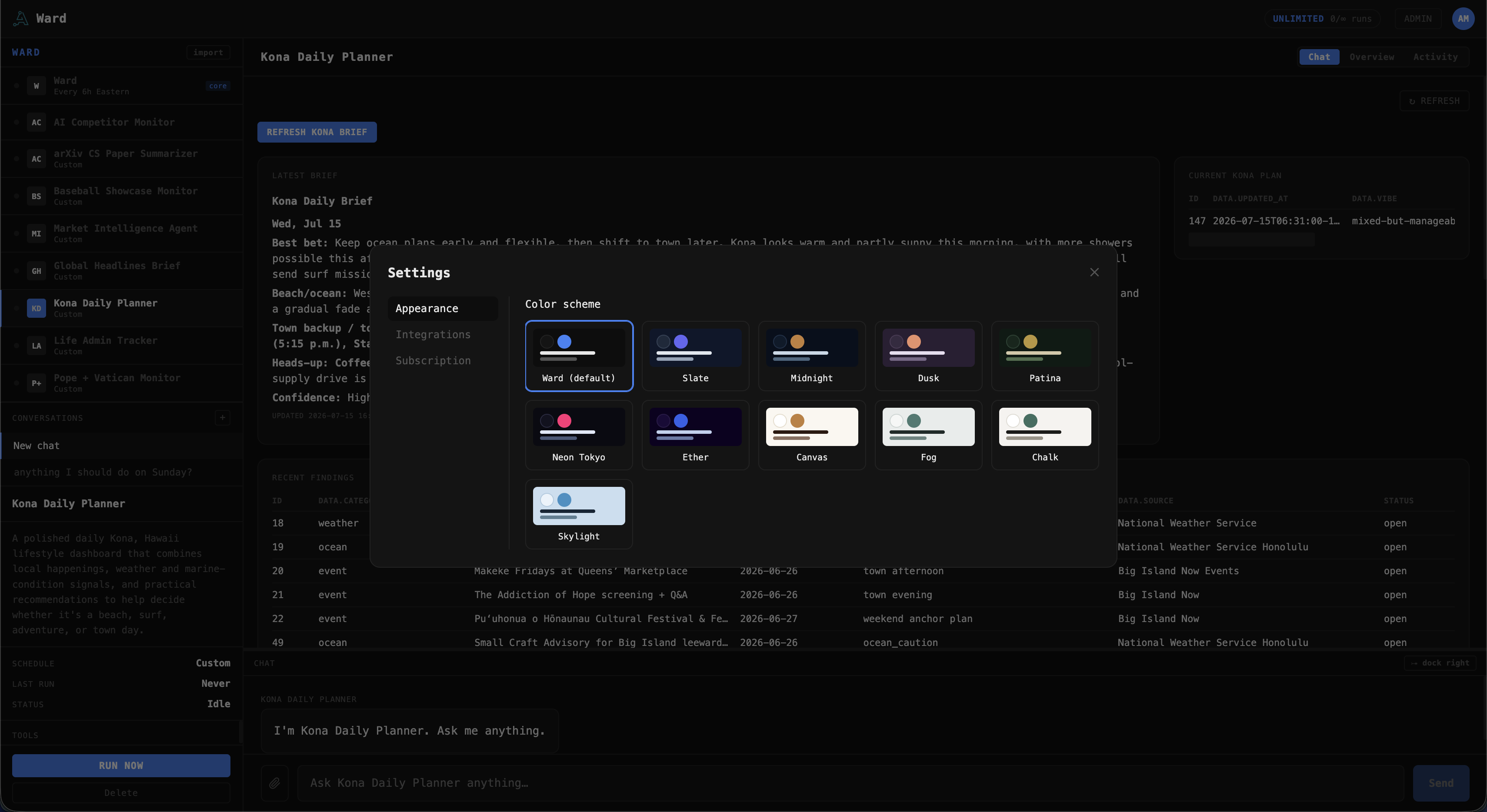 Ward's appearance settings showing a grid of eleven color-scheme themes — Ward default, Slate, Midnight, Dusk, Patina, Neon Tokyo, Ether, Canvas, Fog, Chalk, and Skylight.